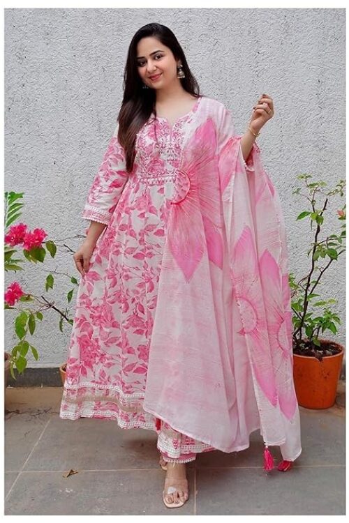 Embroidered Printed Kurta Pant and Dupatta Set Pink